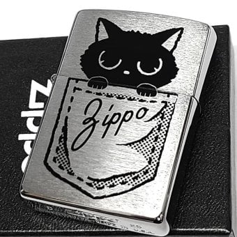 ZIPPO ライター ポケにゃん子 ネコ ジッポ かわいい シルバーサテン おしゃれ 黒猫 ギフト レディース プレゼント 女性