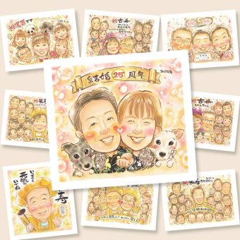 銀婚式のプレゼントに、笑顔を届ける似顔絵はいかがですか。修正無料・下書き確認付き。安心してご注文いただけます。 似顔絵 銀婚式 贈り物 手描き プレゼント ギフト 名入れ 銀婚式 真珠婚 金婚式 夫婦 パートナー 両親 修正無料 下書き確認 名入れ サプライズ 親孝行 似てる 実績多数 一生もの 銀婚式 記念日 25周年 イラスト キレイ 感謝 お祝いの品 色紙 喜寿祝い カラフル 喜ばれる