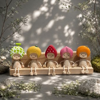 フルーツの妖精さん 5体セット｜木製オブジェ・置き物｜オレンジ・グレープフルーツ・メロン・イチゴ・モモ｜ハンドメイド