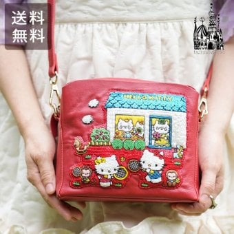 Hello kitty × tamaoworld ハローキティ テニス ショルダーバッグ レッド tennis Red SHO3890 送料無料 キティちゃん ミミィちゃん 羊革 天然皮革 刺繍 テニス 赤 ショルダー バッグ