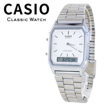 箱なし カシオ 腕時計 メンズ レディース CASIO ホワイト 白 シルバー アナデジ メタル 海外モデル 逆輸入 スクエア レトロ 薄型 デュアルタイム ストップウォッチ アラーム 仕事 通学 誕生日 プレゼント ギフト 成人 卒業 入学