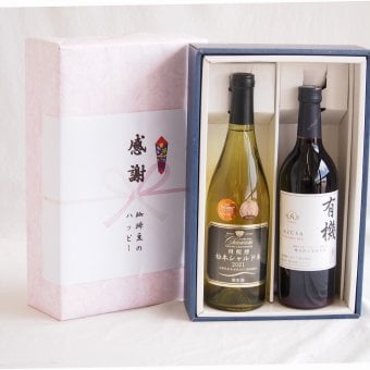 感謝の贈り物ボックス山梨県勝沼甲州100%辛口白ワインと国産ワインセット(酸化防止剤無添加 有機あずさ赤ワイン 中口(長野県)720mlグラン・シャンモリ樽醗酵 松本シャルドネ種100%白ワイン 12度辛口 750ml