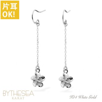 ハワイアンジュエリー ゴールド ピアス プルメリア ホワイトゴールド ピアス フックピアス チェーン ジルコニア 片耳(1個)購入可 K14 14K 20G ゲージ BY THE SEA バイザシー 彼女 妻 女性 レディース 誕生日 プレゼント ハロウィン 【品番：GE432W】