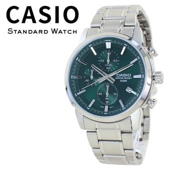 箱なし カシオ 腕時計 メンズ CASIO グリーン シルバー クロノグラフ カレンダー メタル 42mm 海外モデル 逆輸入 仕事 ビジネス カジュアル 誕生日 プレゼント ギフト 成人 卒業 入学
