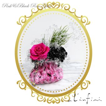 【最後の1点】ピンク＆ブラックローズ・グラス　Pink&black rose glass　超大輪薔薇　手作りガラスにアレンジ作品　プリザ　 癒やし　新居　転居　ギフト　お祝い　オフィス　画廊