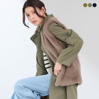 トレンチコート レディース アウター ファーベスト セット 二点セット ストレッチナイロン シルキー 光沢 上品 フェイクファー 単品使い レイヤード ロング丈 秋冬 防寒 着回し 5F (08000368r)