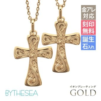金属アレルギー対応 ペアネックレス ハワイアンジュエリー 純チタン ゴールドカラー ペアネックレス 刻印無料 誕生石 クロス ペアペアネックレス チェーン 長さ選べる イオンプレーティング カップル プレゼント ハロウィン 【品番：CG-TIP405-RYP】