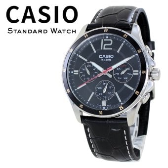 箱なし カシオ 腕時計 メンズ ブラック 黒 レザーベルト 革ベルト アナログ 曜日 日付 24時間計 CASIO 海外モデル 逆輸入 ビジネス 仕事 男性 プレゼント ギフト 成人 卒業 入学