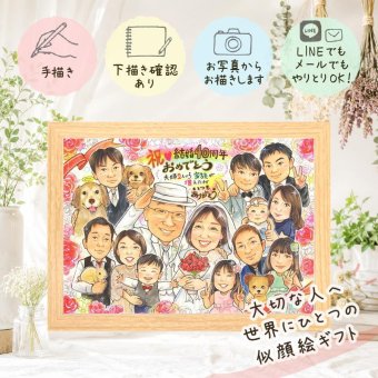 似顔絵 ギフト ルビー婚式 贈り物 プレゼント 手描き 名入れ ルビー婚式 結婚記念日 お祝い 結婚40周年 記念日 大人数 お父さん 家族 ご夫婦 両親 夫婦 修正無料 名入れ 下書き確認 そっくり 似てる サプライズ 一生もの 40周年 思い出 感謝 記念 結婚祝い オリジナル 還暦祝い 喜ばれる 色紙 米寿祝い 長寿祝い 同窓会 感激 披露宴 キレイ カラフル