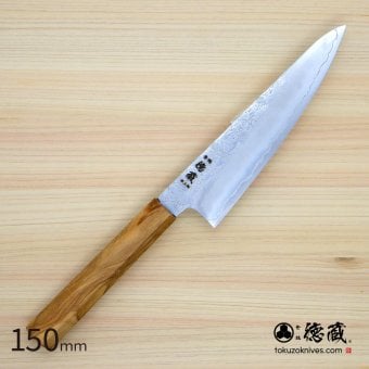 小三徳ステンレス包丁　150mm 銀三 梨地仕上げ オリーブ八角柄 日本製 徳蔵刃物 【TOKUZO KNIVES】 JAPAN Kitchen Knives 包丁 ほうちょう ホウチョウ 切れ味 家庭用 万能 両刃 お手入れ簡単 錆に強い プレゼント ギフト 贈り物 一生モノ ステンレス INOX・イノックス