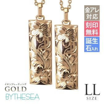 金属アレルギー対応 ペアネックレス ハワイアンジュエリー 刻印無料 誕生石 純チタン ゴールドカラー バレルプレート LLサイズ チェーン別売り イオンプレーティング メンズ レディース プレゼント ハロウィン 【品番：CG-TIP413-RYP】