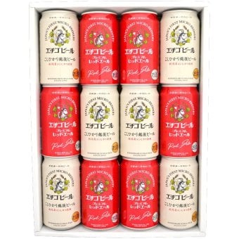 【全国第一号地ビール エチゴビール】 【紅白ビールギフト 12本セット】 プレミアムレッドエール ＆ こしひかり クラフトビール 2種飲み比べ 350ml×12本　誕生日プレゼント 奉献 お供え  出産 お祝い 内祝い お返し 送料無料対象外地 域有【包装済】