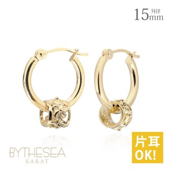 ハワイアンジュエリー フープピアス ピアス イエローゴールド ピアス 外径15mm クロッシングピアス ハイビスカス 透かし バレル 樽 ゴールド 揺れる 片耳(1個)購入可 K14イエローゴールド 14K 20G ゲージ BY THE SEA バイザシー プレゼント ハロウィン 【品番：GE222】