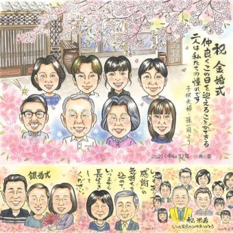 結婚記念日のプレゼントに、似顔絵のプレゼントはいかがですか。 似顔絵 ギフト 金婚式 名入れ 手描き 贈り物 プレゼント 結婚記念日 お祝い 誕生日 長寿 大人数 祖父 ご夫婦 家族 ご両親 名入れ 修正無料 下書き確認 一生もの 似てる そっくり 実績多数 一生もの 長寿 感謝 結婚50周年 宝物 応援 節目 オーダーメイド キレイ 感謝の品 闘病中の方への励まし オリジナル 百寿祝い