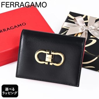 【スペシャルラッピング付き】フェラガモ Salvatore Ferragamo サルヴァトーレフェラガモ 二つ折り財布 小銭入れ付き ウォレット ダブル・ガンチーニ レディース ブラック レッド 220627 770769 001 0770769 折財布
