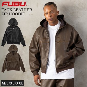 FUBU フブ レザージャケット メンズ レディース fam-62300 フェイクレザー ジップ フーディー パーカー ブルゾン 合皮 スクリプトロゴ 刺繍 ビッグシルエット ストリート ヒップホップ ダンス カジュアル M L XL XXL 2026FW Karlas