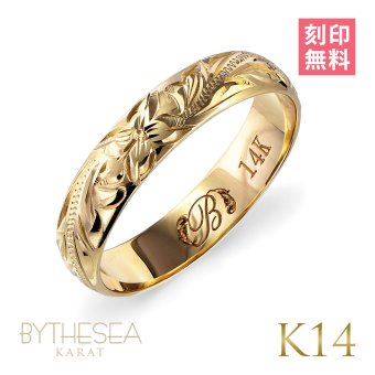 ハワイアンジュエリー リング ゴールド 刻印 無料 1号～19号 幅約4mm 14K K14イエローゴールド ギフト対応可 指輪 ピンキーリング 小さいサイズ BY THE SEA バイザシー メンズ レディース 誕生日 プレゼント ハロウィン 【品番：GMR1011】