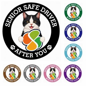 カーサイン 高齢者マーク SENIOR SAFE DRIVER 黒白（ハチワレ） ステッカー シール 直径13cm 肉球 日本製 車
