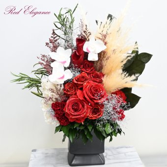 1点限定　アート作品　大輪ローズ×シンビジューム Red Elegance（レッド・エレガンス）のプリザーブドフラワー アレンジメント 送料無料 　誕生日や記念日ギフト,贈答品