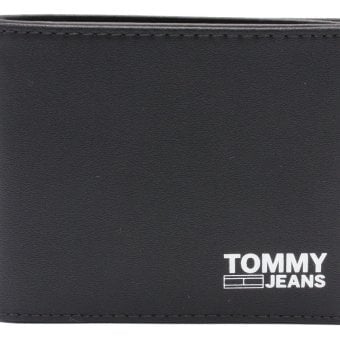 トミーヒルフィガー　TOMMY HILFIGER 　ふたつ折り財布　小銭入れ無しスリム財布　AM0AM07019　ブラック　黒　リサイクルレザー　折財布　トミージーンズ
