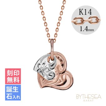 ゴールド ネックレス ハワイアンジュエリー ネックレス 刻印 無料 誕生石入れ可 Wハート 14K K14ピンク＆ホワイトゴールド カットあずきチェーン太1.4mm ギフトラッピング可能 彼女 妻 女性 レディース プレゼント ハロウィン 【品番：CG-GP101PW-CH1020】