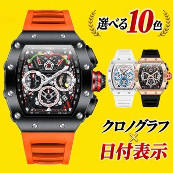 腕時計 メンズ クロノグラフ オマージュウォッチ クォーツ トノー型 スケルトン シリコンベルト 日付 ONOLA ON6827