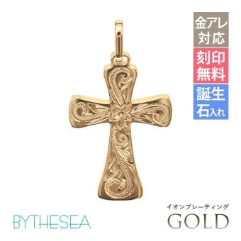金属アレルギー対応 ペンダントトップ ハワイアンジュエリー 純チタン ゴールドカラー ペンダントトップ 刻印無料 誕生石 クロス チェーン別売り イオンプレーティング メンズ レディース プレゼント ハロウィン 【品番：TIP405-Y】