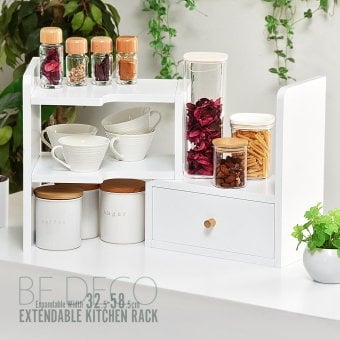 BF DECO 卓上伸縮ラック BFLS0408 デスクラック スパイスラック 幅32.5～58.5cm 奥行22cm 高さ35cm リビング収納 卓上 カウンター ミニ食器棚 棚 伸縮キッチンラック すき間収納 デスク上 ラック 小物収納 おしゃれ 新生活