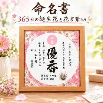 命名書 【366日の花言葉 誕生花イラスト入り】 出産祝い 命名書おしゃれ  命名書プレゼント 名前入り 名前ギフト オリジナルギフト 赤ちゃん お子さん お孫さん誕生 記念などに 名入れギフト 赤ちゃん 名前 子供 お七夜 366日のバースデー 命名紙 ベビーギフト 男の子 女の子