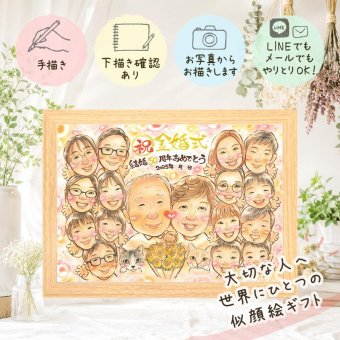 似顔絵 ギフト 金婚式 贈り物 手描き 名入れ プレゼント 金婚式 結婚50周年 お祝い 結婚記念日 記念日 大人数 お父さん 両親 夫婦 祖父母 お母さん 家族 下書き確認 名入れ 修正無料 かわいい 喜ばれる 親孝行 似てる 思い出 感謝 50周年 長寿 色紙 長寿祝い 感激 クリスマス 喜寿祝い 引っ越し 結婚祝い カラフル 二次会 イラスト ウェディングギフト