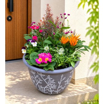 季節の寄せ植え リーフ柄 軽量プラスチック鉢 内径24cm  （グレー・4色展開）６～7種類のお花で構成 ラッピング不可 ギフトメッセージOK