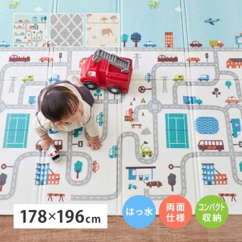 キッズ家具 子供用 プレイマット クッションプレイマット 折りたたみ 子供 遊び場 洗える 水洗い 撥水 はっ水 リバーシブル やわらかい クッション性 防音対策 軽量 軽い コンパクト収納 収納袋付き アウトドア 公園 敷物 マット ロードマップ柄