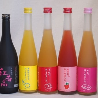 果物梅酒5本セット(あまおう梅酒 もも梅酒 りんご梅酒 紅南高梅酒20度(和歌山) 馬路村のゆず梅酒) 500ml×4本 720ml×1本