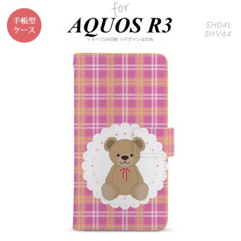 SH-04L/SHV44 AQUOS R3 手帳型スマホケース カバー くま チェック レース ピンク  nk-004s-r3-dr756