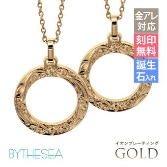 金属アレルギー対応 ペアネックレス ハワイアンジュエリー 純チタン ゴールドカラー ペアネックレス 刻印無料 誕生石 サークル ペアペアネックレス チェーン 長さ選べる イオンプレーティング カップル プレゼント ハロウィン 【品番：CG-TIP406-RYP】