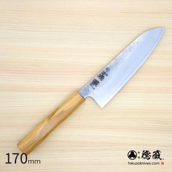三徳ステンレス包丁　170mm 銀三 梨地仕上げ オリーブ八角柄 日本製 徳蔵刃物 【TOKUZO KNIVES】 JAPAN Kitchen Knives 包丁 ほうちょう ホウチョウ 切れ味 家庭用 万能 両刃 お手入れ簡単 錆に強い プレゼント ギフト 贈り物 一生モノ ステンレス INOX・イノックス