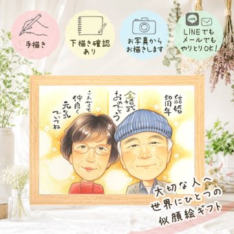 結婚記念日の贈り物に、似顔絵のプレゼントはいかがですか。 似顔絵 金婚式 ギフト 贈り物 プレゼント 名入れ 手描き 結婚記念日 誕生日 長寿 お祝い 家族 ご両親 祖父 ご夫婦 名入れ 下書き確認 修正無料 喜ばれる 実績多数 サプライズ かわいい 感謝 結婚50周年 一生もの 宝物 長寿 還暦祝い オリジナル 喜寿祝い 百寿祝い 贈答品 ホワイトデー 結婚祝い キレイ 披露宴 メモリアル