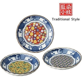 藍染小紋 三ツ組皿揃 和食器 皿セット 取り皿 小皿 プレートセット 美濃焼 和柄 電子レンジ対応 食洗機対応 結婚祝い 内祝い ギフト〈07582〉 M-mode