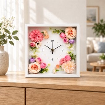 ◆花時計 【BOX FLOWER エレガント・スクエア】ピンク 置時計 ・掛時計 ハンドメイド 
