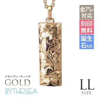 金属アレルギー対応 ネックレス ハワイアンジュエリー 刻印無料 誕生石 純チタン ゴールドカラー バレルプレート LLサイズ チェーン付 イオンプレーティング メンズ レディース プレゼント ハロウィン 【品番：CG-TIP413-Y】