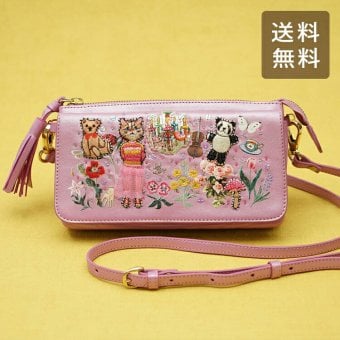 タマオワールド お財布ポシェット Student dormitory for outcasts Metallic pink ショルダーバッグ スマホショルダー 猫 ネコ ねこ パンダ チェロ 刺繍 羊革 SHO3508