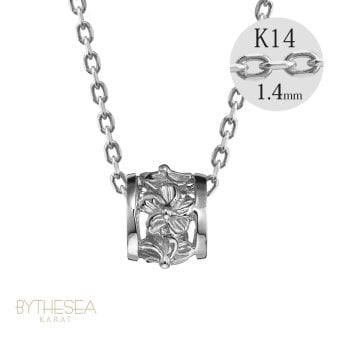 ゴールド ネックレス ハワイアンジュエリー ネックレス ホワイトゴールド バレル 樽 ハイビスカス透かし 14K K14ホワイトゴールド 14k k14カットあずきチェーン太1.4mm ギフトラッピング可能 彼女 妻 女性 レディース プレゼント ハロウィン 【品番：CG-GP106W-CH1020】
