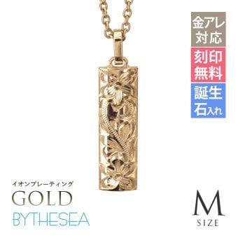 金属アレルギー対応 ネックレス ハワイアンジュエリー 刻印無料 誕生石 純チタン ゴールドカラー バレルプレート Mサイズ チェーン付 イオンプレーティング メンズ レディース プレゼント ハロウィン 【品番：CG-TIP411-Y】