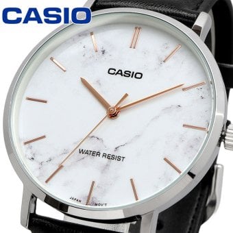 CASIO 腕時計 カシオ 時計 ウォッチ チープカシオ チプカシ クオーツ メンズ 腕時計 ホワイトマーブル×ブラックレザーバンド MTP-VT01LM-7A 海外モデル  [並行輸入品]