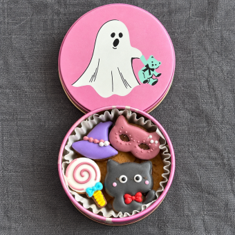 ハロウィンクッキー缶　黒ねこHalloweenminiPink缶