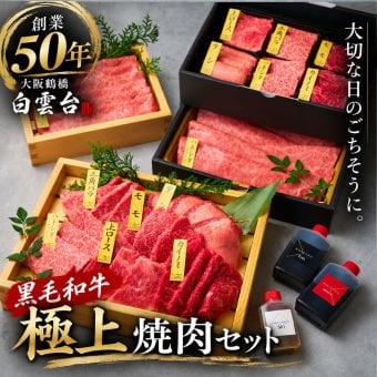 【送料無料】焼肉セット 誕生日 ギフト 肉 メッセージカード/日時指定/熨斗対応可 牛タン  牛肉  バーベキュー お祝い  タレ付き 大阪 鶴橋 焼肉白雲台 (2段焼肉セット 極上セット 780g)