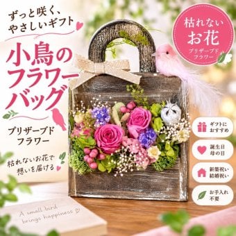 小鳥のフラワーバッグ｜プリザーブドフラワー フラワーアレンジメント 花かご インテリア ギフト 誕生日 母の日 お祝い おしゃれ かわいい メッセージカード 結婚記念日 プレゼント ギフト 結婚祝い ウェディング プロポーズ 女性 妻 開店祝い 入学祝い サプライズ
