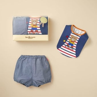 ミキハウス ホットビスケッツ★ベスト風スタイ&ブルマギフトセット【クリアケース付き】ギフトラッピング　出産祝い　誕生日　お祝い　入園祝い　キッズ服　ベビー服