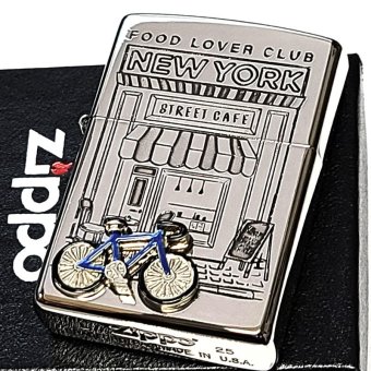 ZIPPO ニューヨーク 自転車 ジッポ ライター かわいい ブルー 重厚立体メタル 両面加工 シルバー おしゃれ 女性 NEW YORK アメリカ FOOD LOVER CLUB おしゃれ 銀 彫刻 レディース ギフト メンズ プレゼント