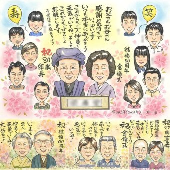 結婚記念日の記念に、似顔絵ギフトのサプライズを贈りませんか。 金婚式 プレゼント 似顔絵 手描き 名入れ ギフト 贈り物 結婚記念日 誕生日 長寿 お祝い 大人数 祖父 家族 ご夫婦 ご両親 下書き確認 名入れ 修正無料 かわいい 喜ばれる 一生もの 宝物 感謝 結婚50周年 長寿 一生もの 宝物 キレイ 快気祝い 喜寿祝い イラスト 二次会 ブライダルギフト オリジナル ホワイトデー 引っ越し